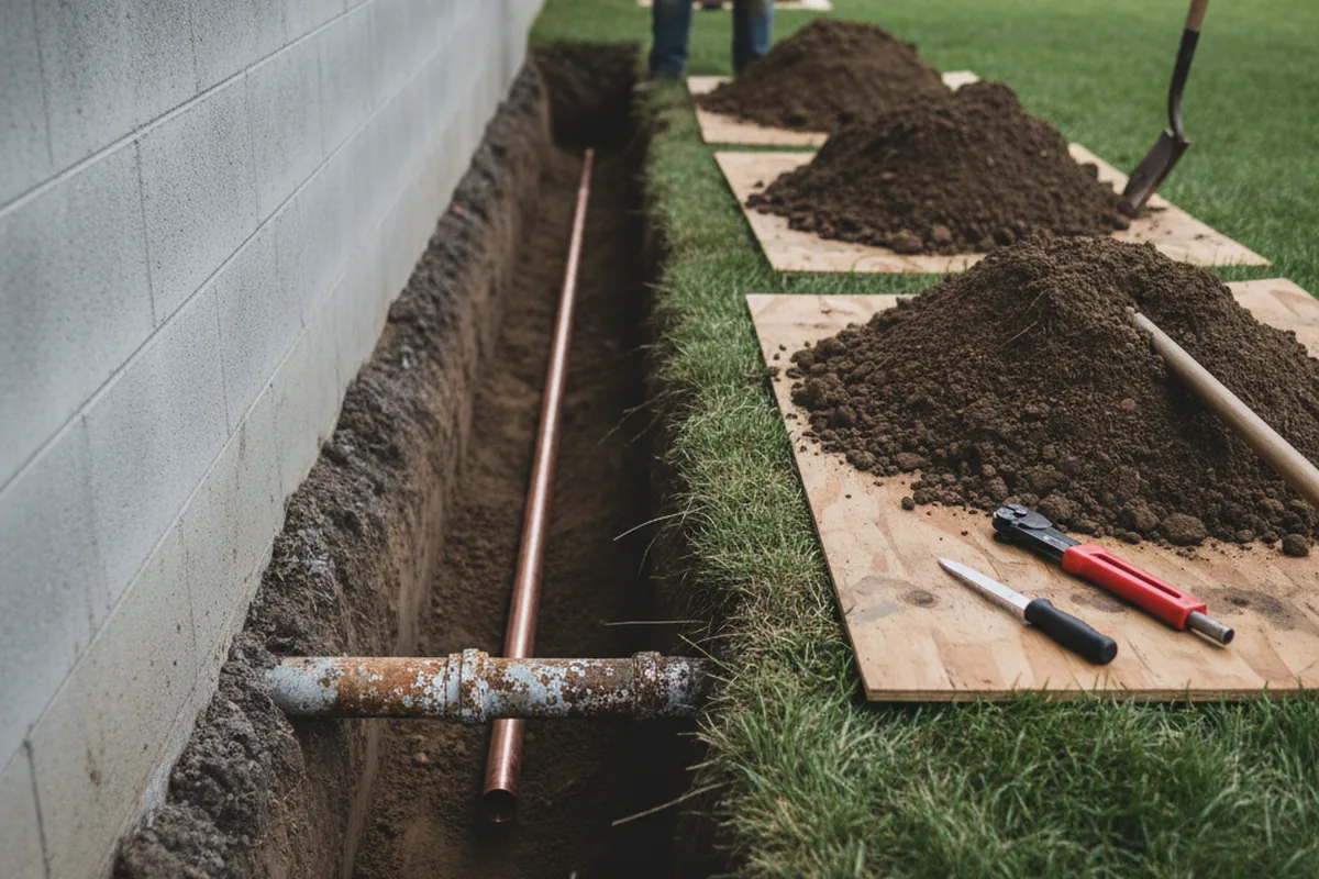 Excavated water line trench during Sewer Line Repair in Mc Arthur